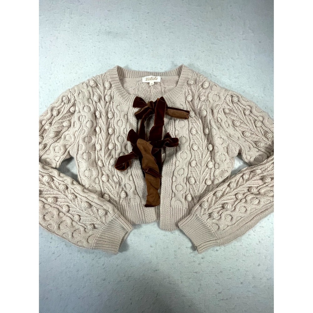 Listicle Cropped Cardigan Sweater Womens Medium Cream Cable Knit Velvet Bow Tie